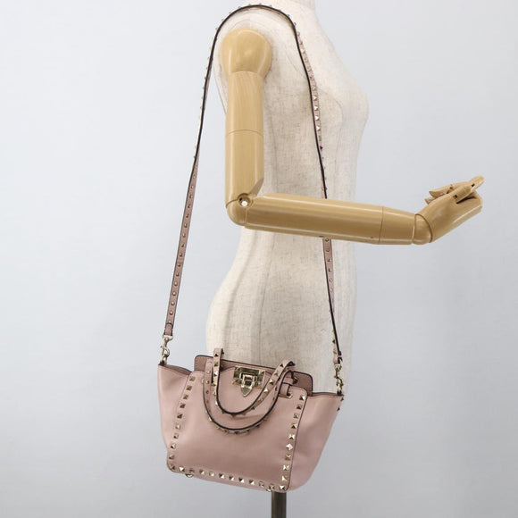 VALENTINO Rock Studs Hand Bag Leather 2way Pink Gold Auth BA11911A