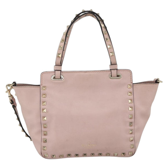 VALENTINO Rock Studs Hand Bag Leather 2way Pink Gold Auth BA11911A