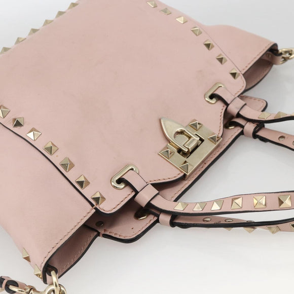VALENTINO Rock Studs Hand Bag Leather 2way Pink Gold Auth BA11911A