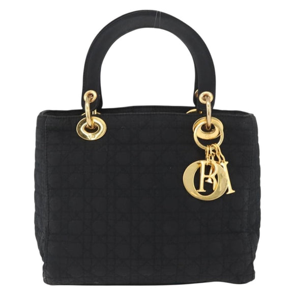 Christian Dior Lady Dior Canage Hand Bag Nylon Black Gold Auth BA11915