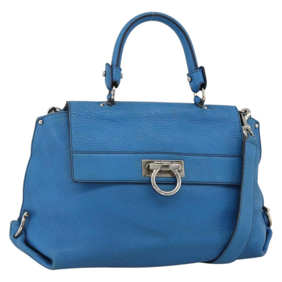Salvatore Ferragamo Gancini Sofia Hand Bag Leather 2way Blue Silver Auth BA11921