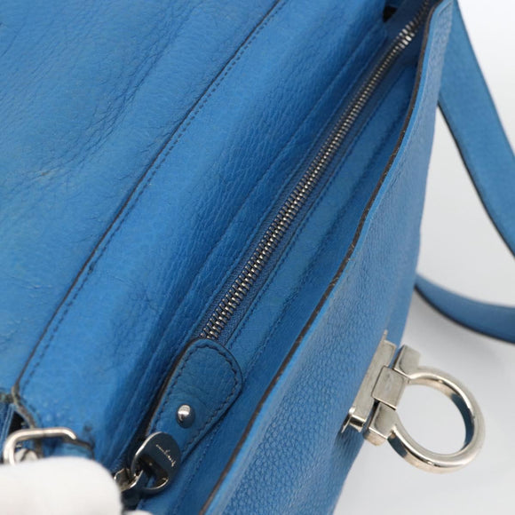 Salvatore Ferragamo Gancini Sofia Hand Bag Leather 2way Blue Silver Auth BA11921