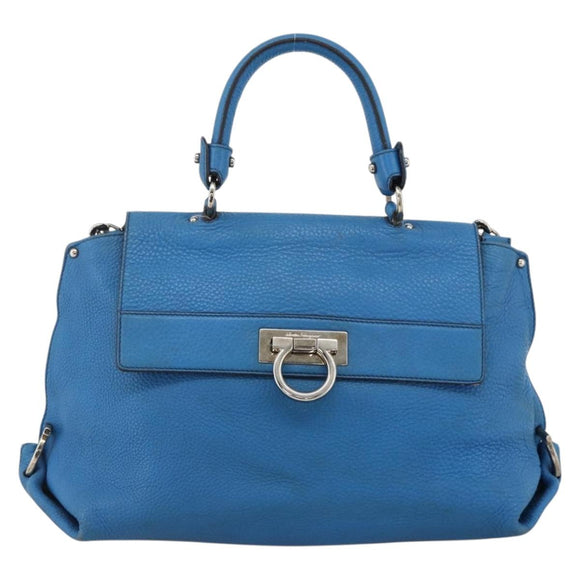 Salvatore Ferragamo Gancini Sofia Hand Bag Leather 2way Blue Silver Auth BA11921