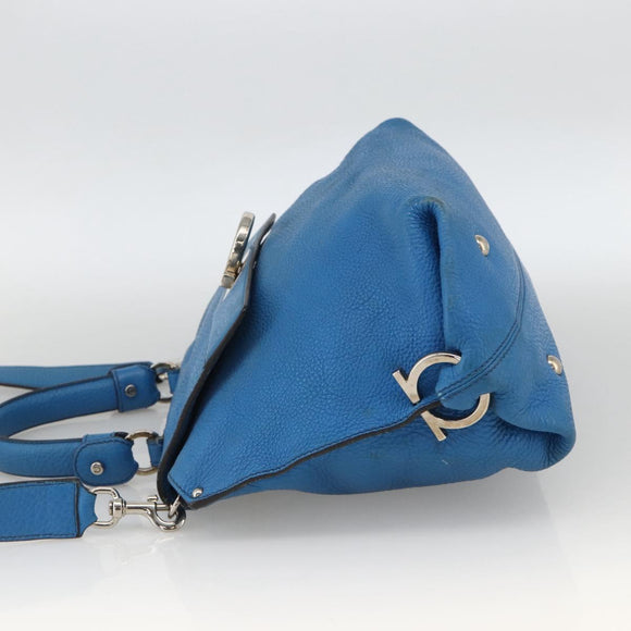 Salvatore Ferragamo Gancini Sofia Hand Bag Leather 2way Blue Silver Auth BA11921