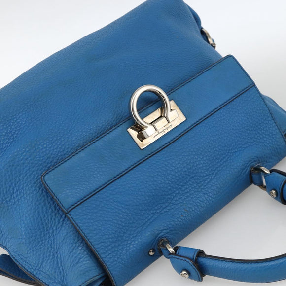 Salvatore Ferragamo Gancini Sofia Hand Bag Leather 2way Blue Silver Auth BA11921