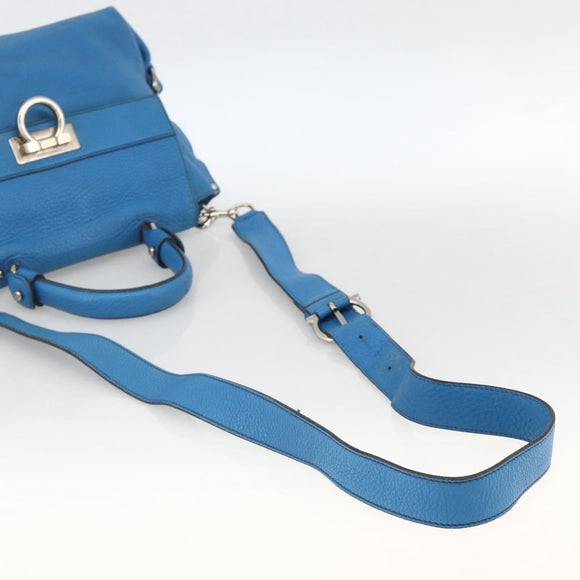 Salvatore Ferragamo Gancini Sofia Hand Bag Leather 2way Blue Silver Auth BA11921