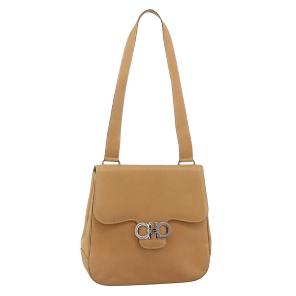 Salvatore Ferragamo Gancini Shoulder Bag Leather Beige Silver Auth BA11941