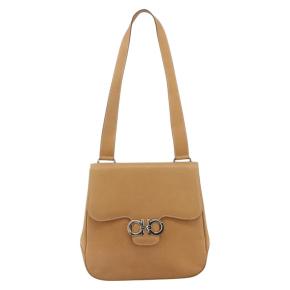 Salvatore Ferragamo Gancini Shoulder Bag Leather Beige Silver Auth BA11941