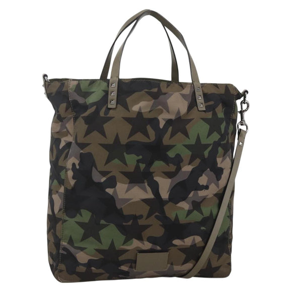 VALENTINO Hand Bag Nylon 2way Khaki Silver Auth BA11966A