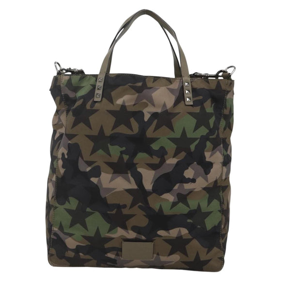 VALENTINO Hand Bag Nylon 2way Khaki Silver Auth BA11966A