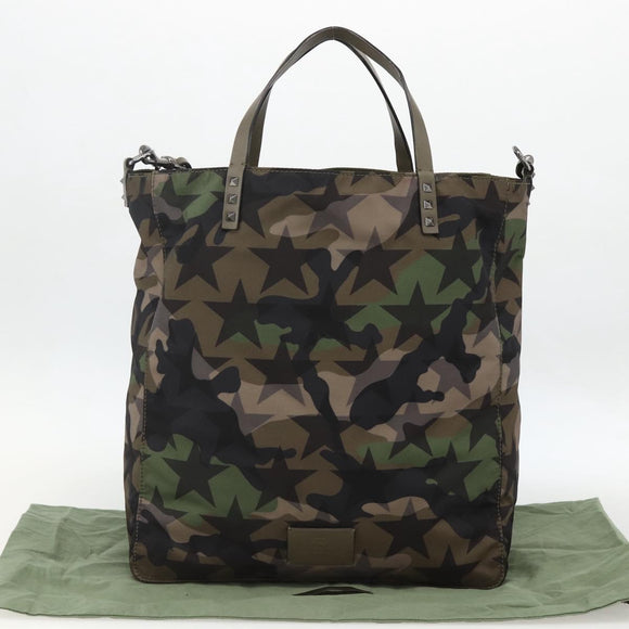 VALENTINO Hand Bag Nylon 2way Khaki Silver Auth BA11966A