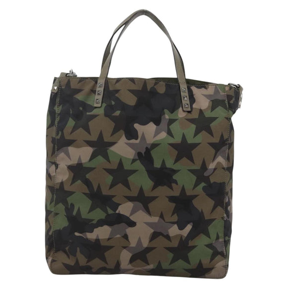 VALENTINO Hand Bag Nylon 2way Khaki Silver Auth BA11966A