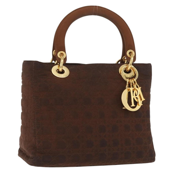 Christian Dior Canage Lady Dior Hand Bag Nylon Brown Gold Auth BA11985