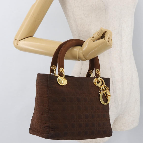 Christian Dior Canage Lady Dior Hand Bag Nylon Brown Gold Auth BA11985