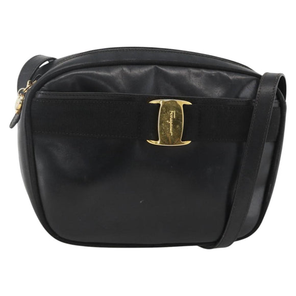 Salvatore Ferragamo Vala Shoulder Bag Leather Black Gold Auth BA11993