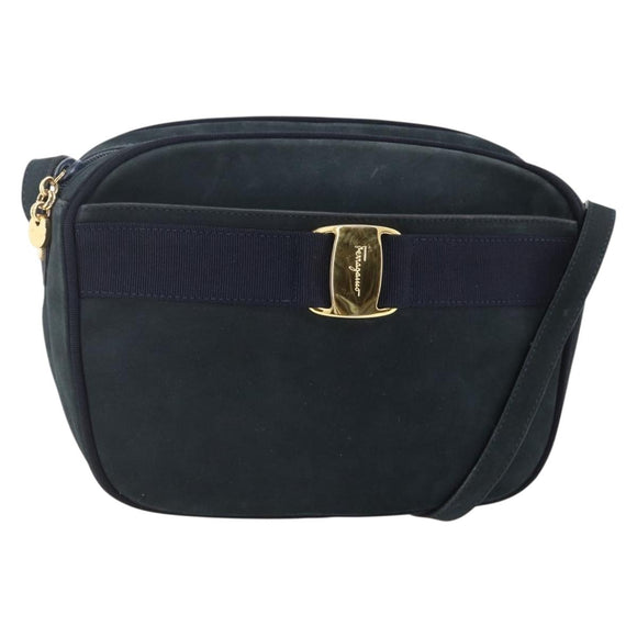 Salvatore Ferragamo Vala Shoulder Bag Suede Navy Gold Auth BA11994