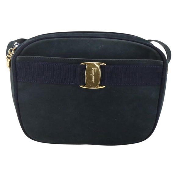 Salvatore Ferragamo Vala Shoulder Bag Suede Navy Gold Auth BA11994