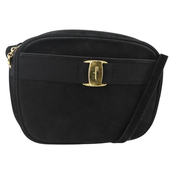 Salvatore Ferragamo Vala Shoulder Bag Suede Black Gold Auth BA11995