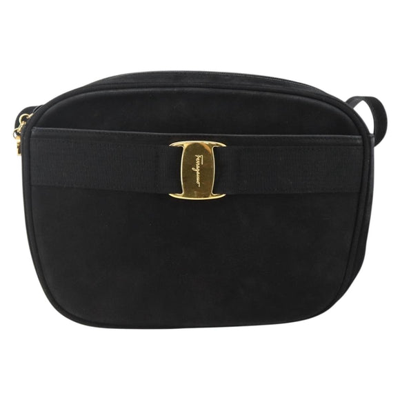 Salvatore Ferragamo Vala Shoulder Bag Suede Black Gold Auth BA11995
