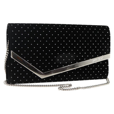 Jimmy Choo Chain Shoulder Bag Velor Black Silver Auth BA12020A