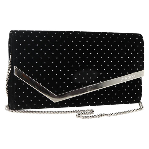 Jimmy Choo Chain Shoulder Bag Velor Black Silver Auth BA12020A