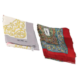 SAINT LAURENT Celine Scarf Silk 2-piece set Gray Red Auth BA12026
