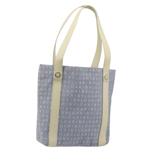 BVLGARI Logo Mania Tote Bag Canvas Light Blue Silver Auth BA12043A