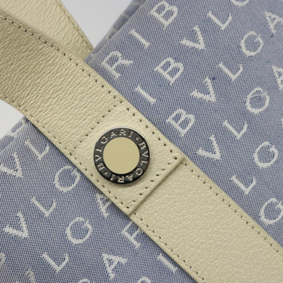 BVLGARI Logo Mania Tote Bag Canvas Light Blue Silver Auth BA12043A
