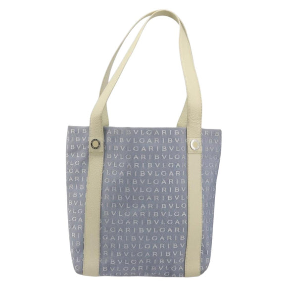 BVLGARI Logo Mania Tote Bag Canvas Light Blue Silver Auth BA12043A