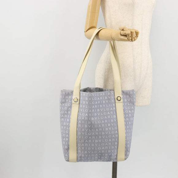 BVLGARI Logo Mania Tote Bag Canvas Light Blue Silver Auth BA12043A