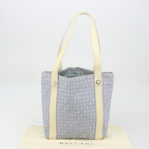 BVLGARI Logo Mania Tote Bag Canvas Light Blue Silver Auth BA12043A