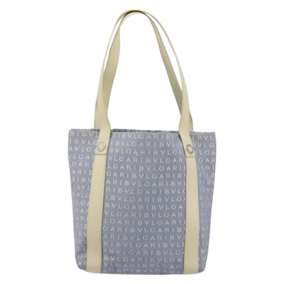 BVLGARI Logo Mania Tote Bag Canvas Light Blue Silver Auth BA12043A