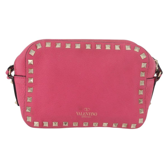 VALENTINO Rock Studs Chain Shoulder Bag Leather Pink Gold Auth BA12057A