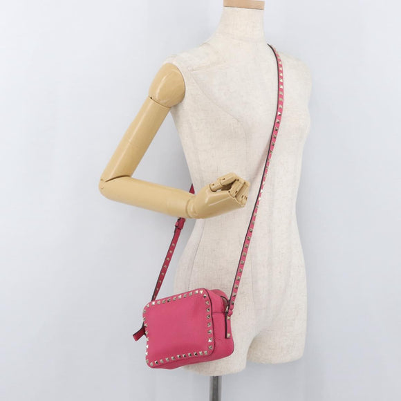 VALENTINO Rock Studs Chain Shoulder Bag Leather Pink Gold Auth BA12057A