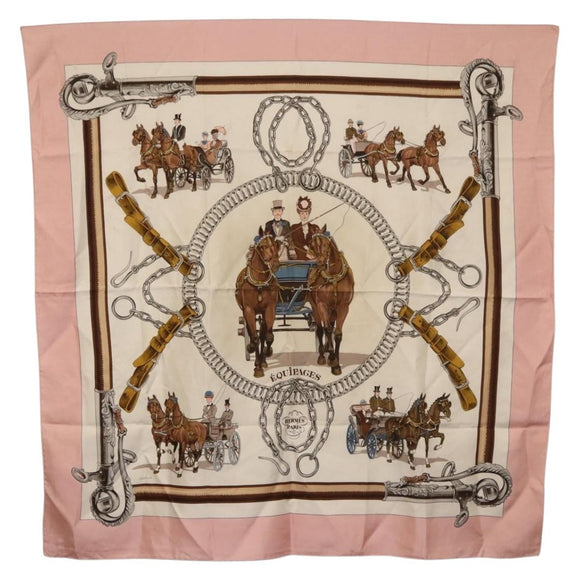 HERMES Carre 90 Scarf ""EQUIPAGES"" Silk Pink Auth BA12063