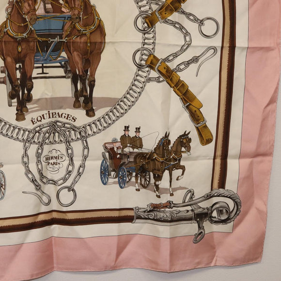 HERMES Carre 90 Scarf ""EQUIPAGES"" Silk Pink Auth BA12063