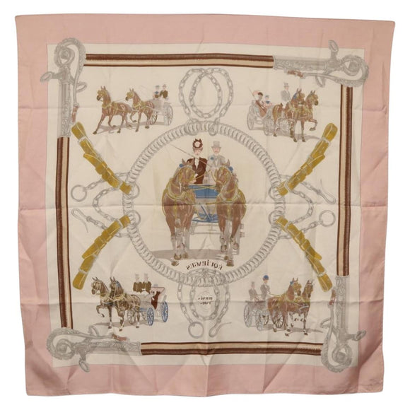 HERMES Carre 90 Scarf ""EQUIPAGES"" Silk Pink Auth BA12063