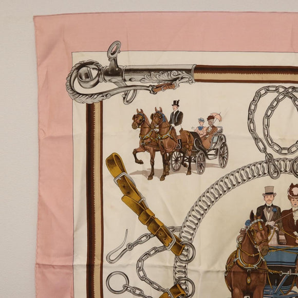 HERMES Carre 90 Scarf ""EQUIPAGES"" Silk Pink Auth BA12063