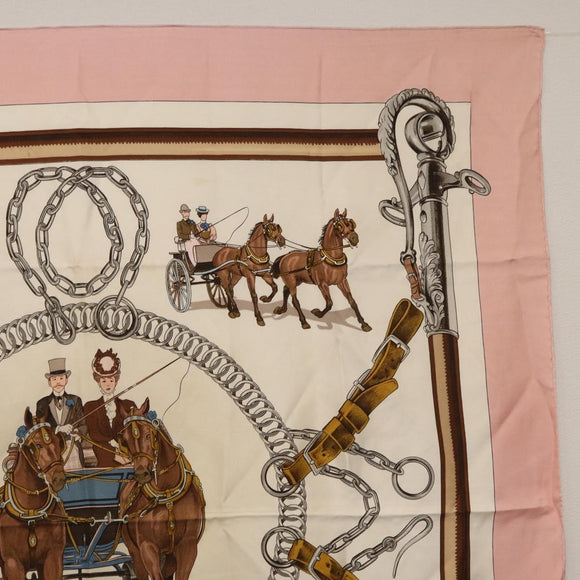 HERMES Carre 90 Scarf ""EQUIPAGES"" Silk Pink Auth BA12063