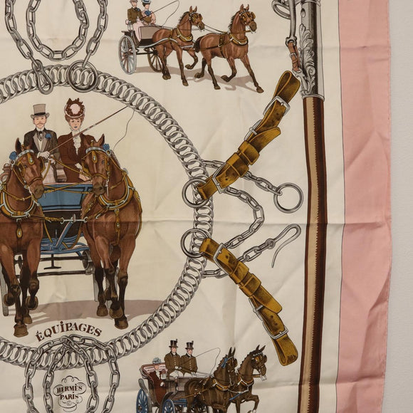 HERMES Carre 90 Scarf ""EQUIPAGES"" Silk Pink Auth BA12063