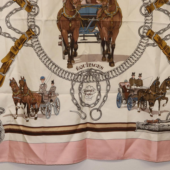HERMES Carre 90 Scarf ""EQUIPAGES"" Silk Pink Auth BA12063