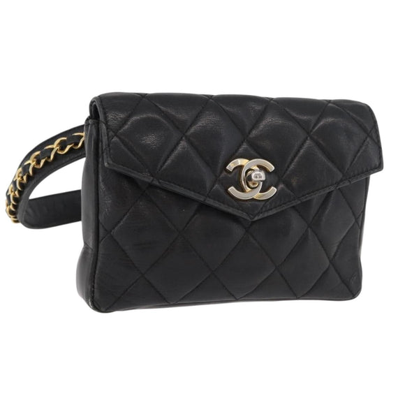 CHANEL Matelassé Chain Gürteltasche Lammleder Schwarz Gold CC Auth BA12100