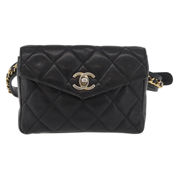 CHANEL Matelassé Chain Gürteltasche Lammleder Schwarz Gold CC Auth BA12100