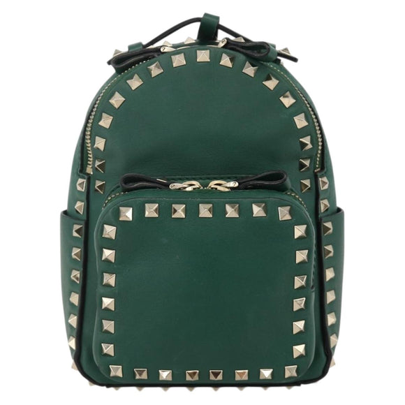 VALENTINO Rock Studs Backpack Leather Green Gold Auth BA12134A
