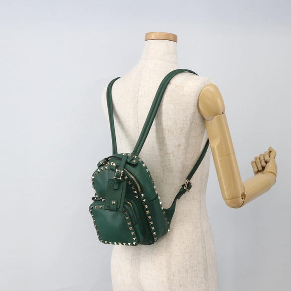 VALENTINO Rock Studs Backpack Leather Green Gold Auth BA12134A