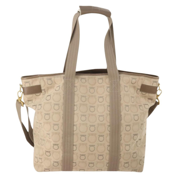 Salvatore Ferragamo Tote Bag Canvas 2way Beige Gold Auth BA12135