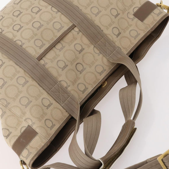 Salvatore Ferragamo Tote Bag Canvas 2way Beige Gold Auth BA12135