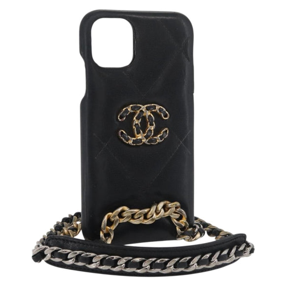 CHANEL Matelassé Chain iPhone Tasche Lammleder Schwarz Gold CC Auth BA12149A