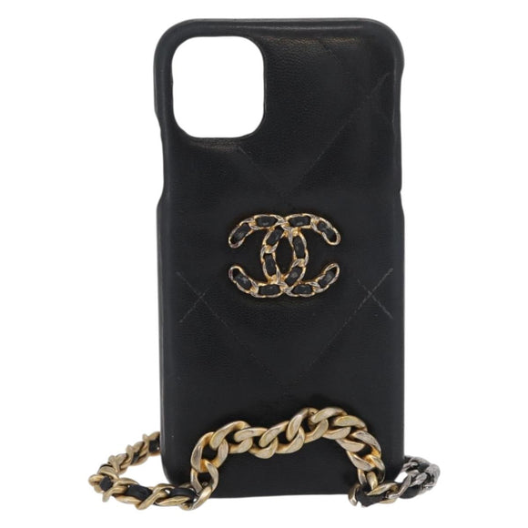 CHANEL Matelassé Chain iPhone Tasche Lammleder Schwarz Gold CC Auth BA12149A