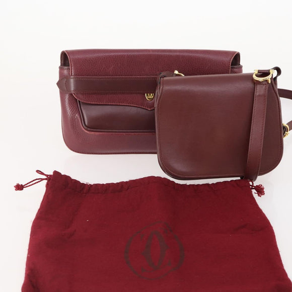 CARTIER Shoulder Bag Leather 2 Set Bordeaux Auth BA12166